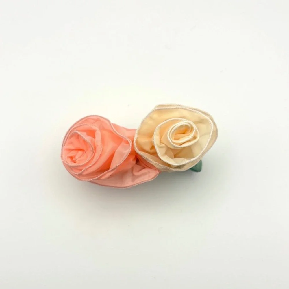Vintage Fabric Cream Pink Rose Ponytail Hair‎ Clip Barrette Cottagecore Y2K Boho